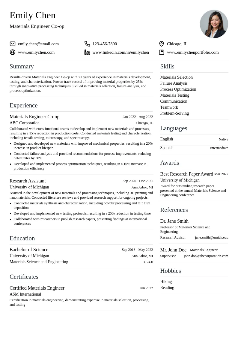Materials Engineer Co-op resume example