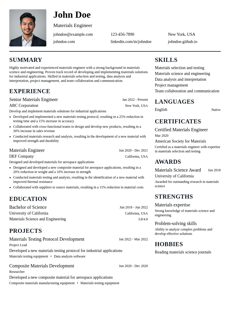 Materials Engineer resume example