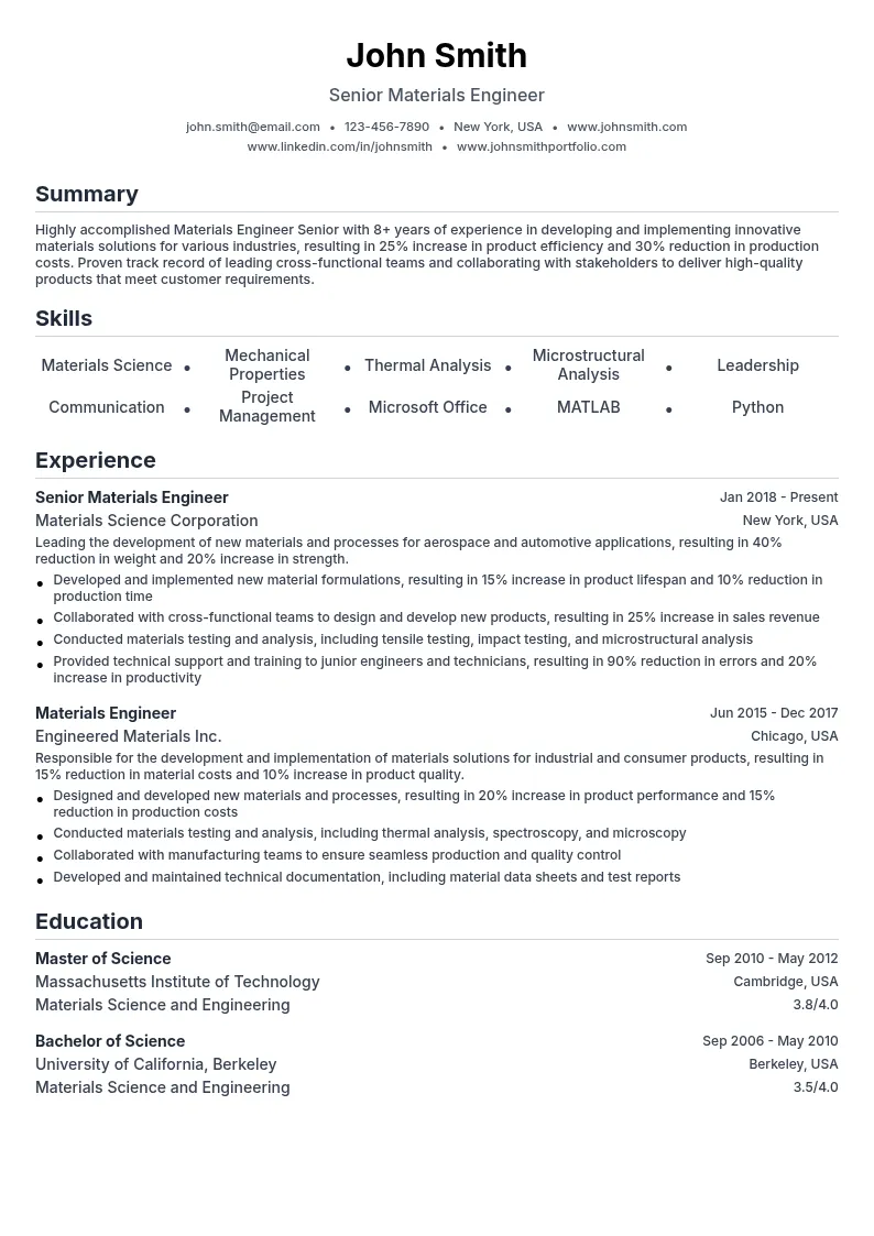 Materials Engineer Senior resume example