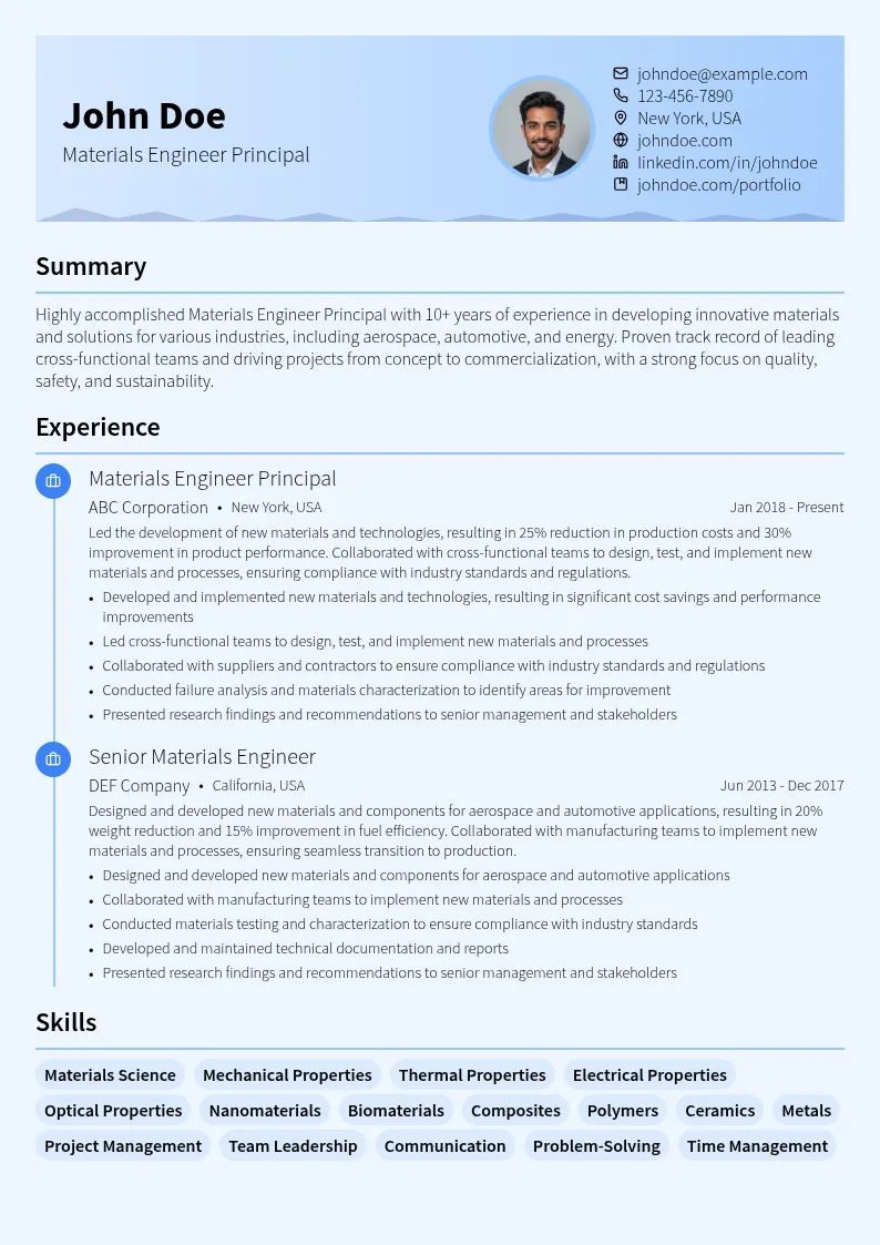 Materials Engineer Principal resume example