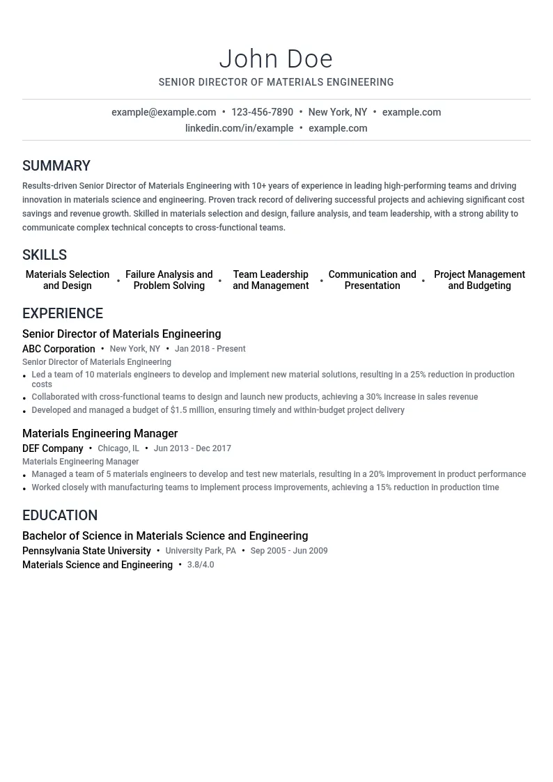Senior Director of Materials Engineering resume example