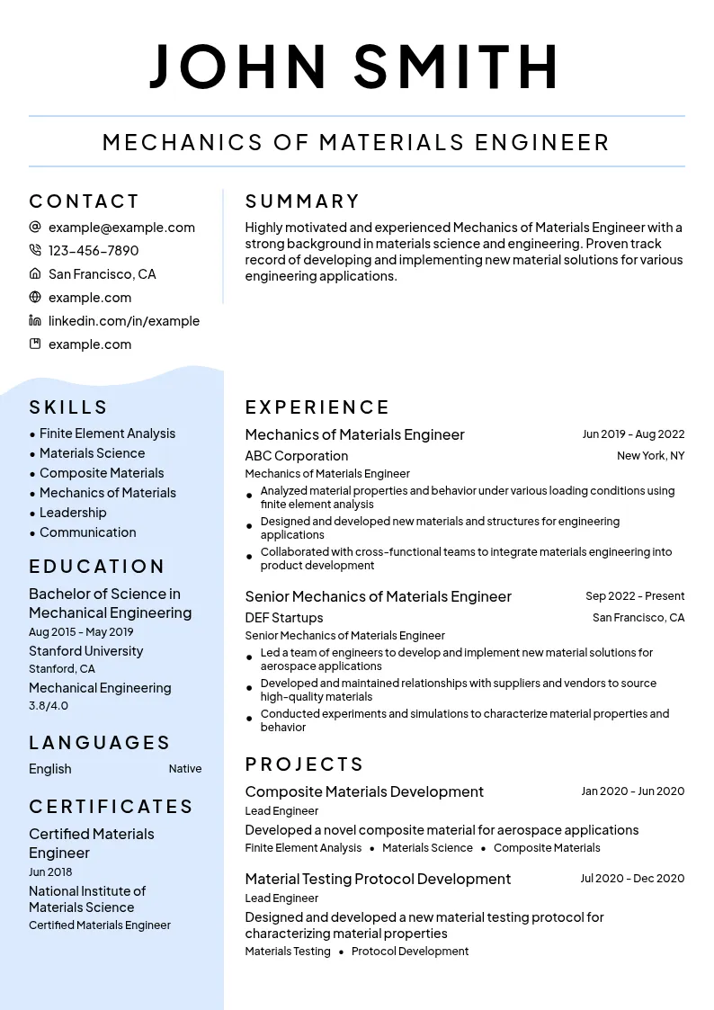 Mechanics of Materials Engineer resume example
