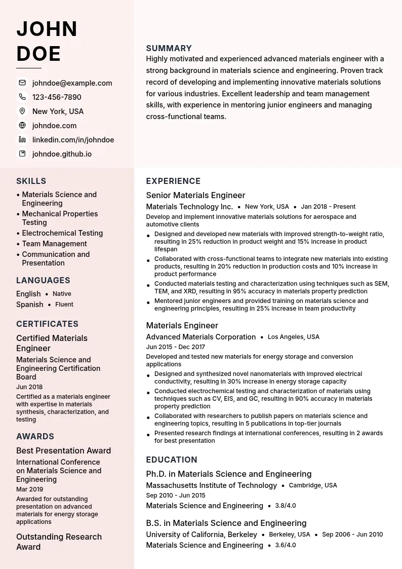 Advanced Materials Engineer resume example