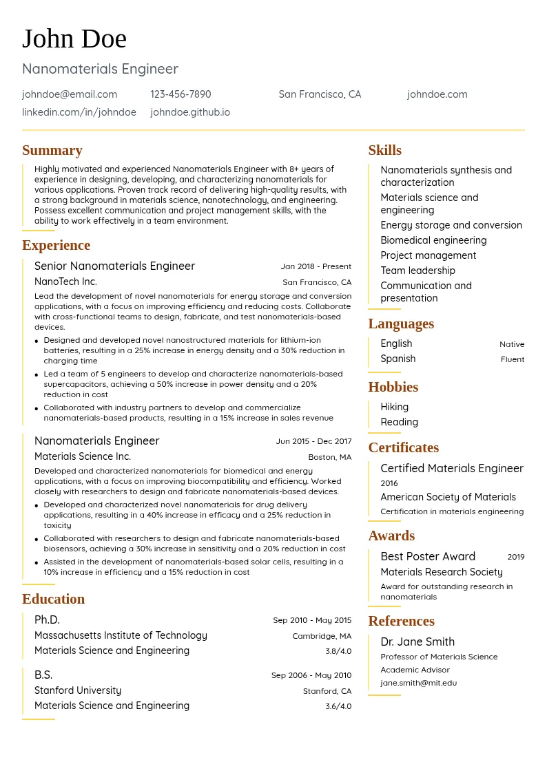 Nanomaterials Engineer resume example