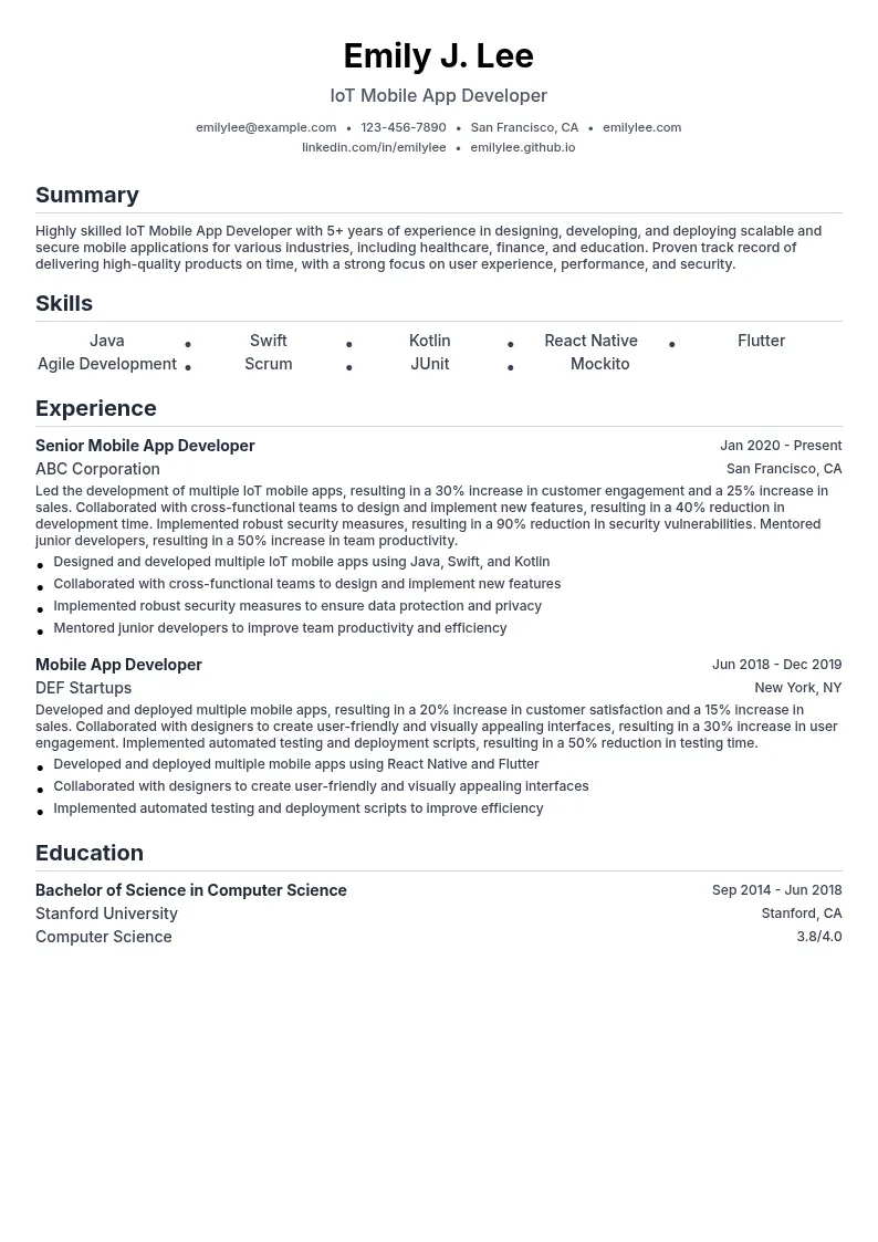 IoT Mobile App Development resume example