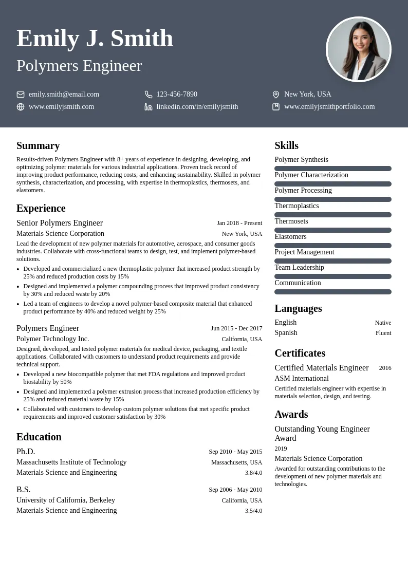 Polymers Engineer resume example