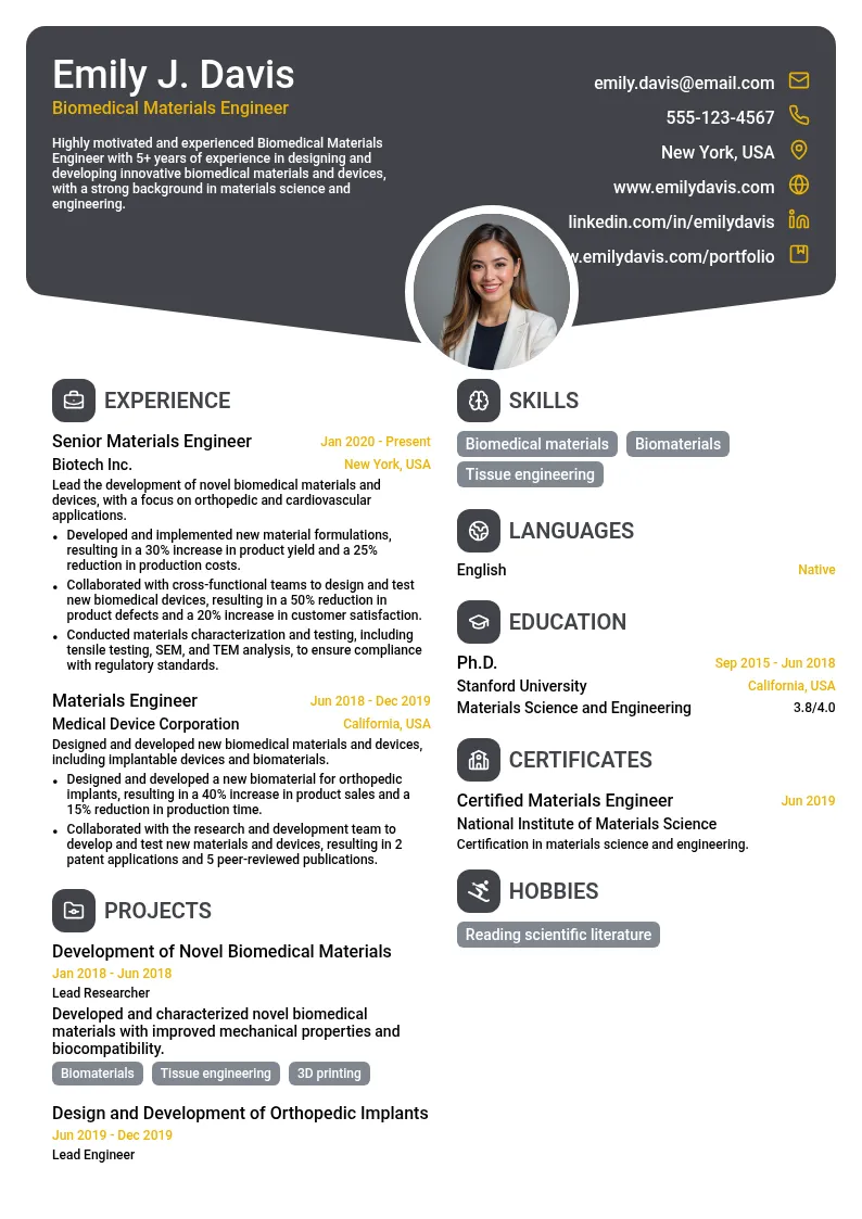 Biomedical Materials Engineer resume example
