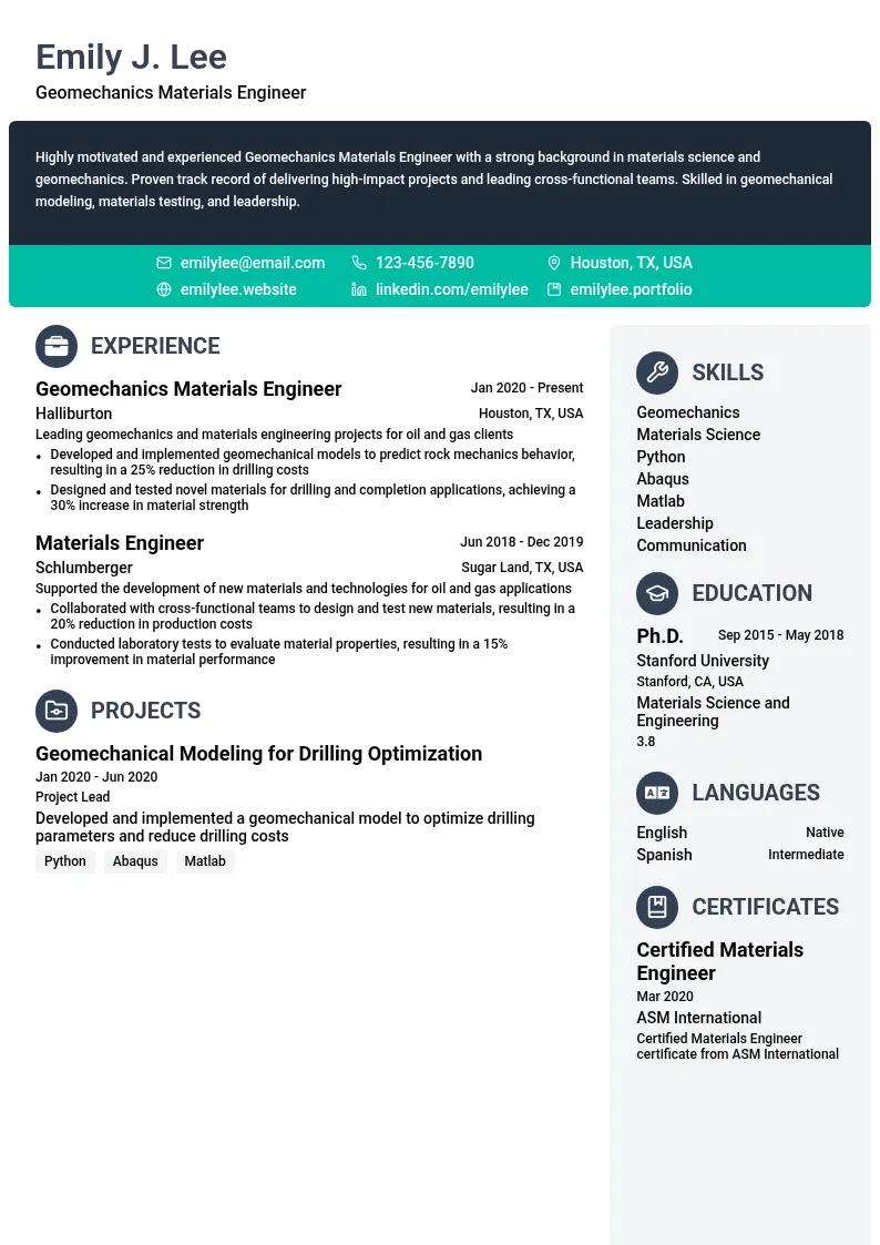 Geomechanics Materials Engineer resume example