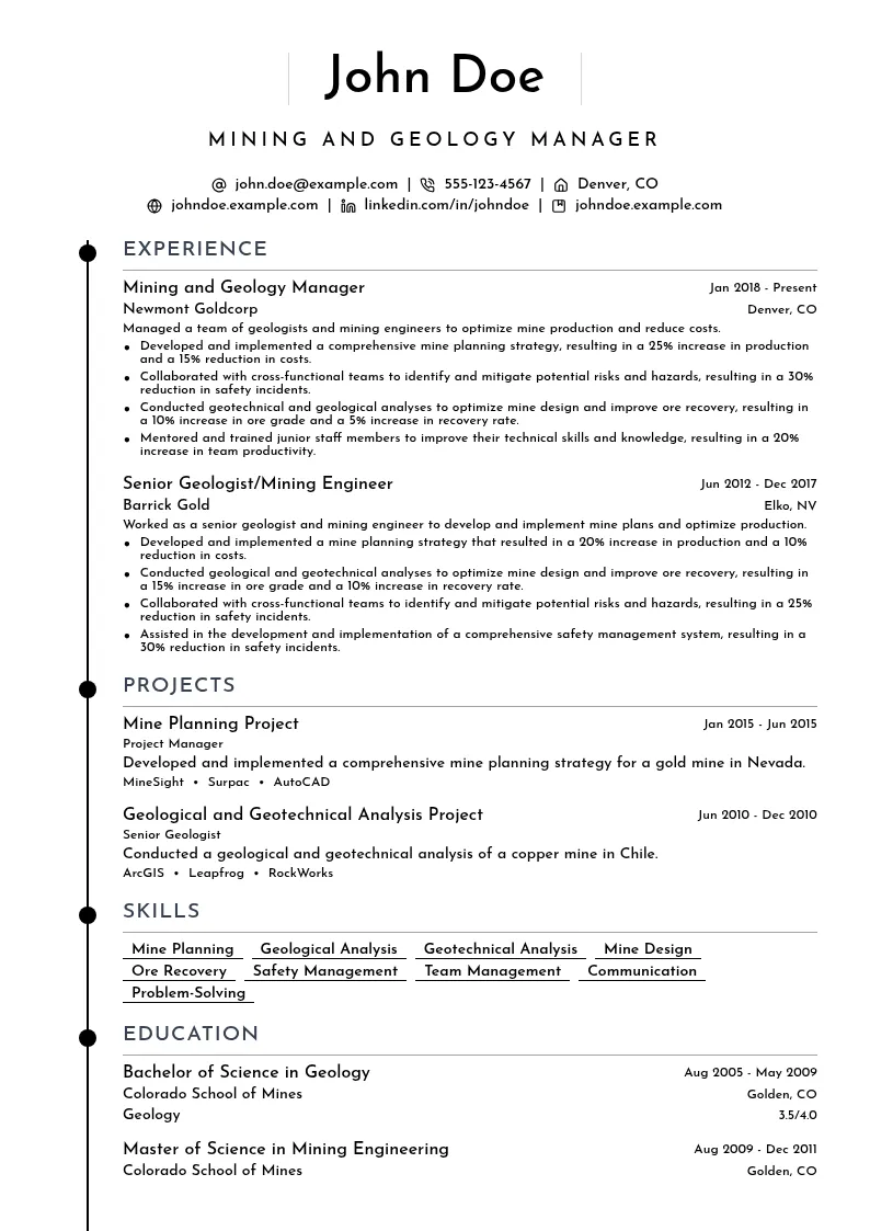 Mining and Geology Manager resume example