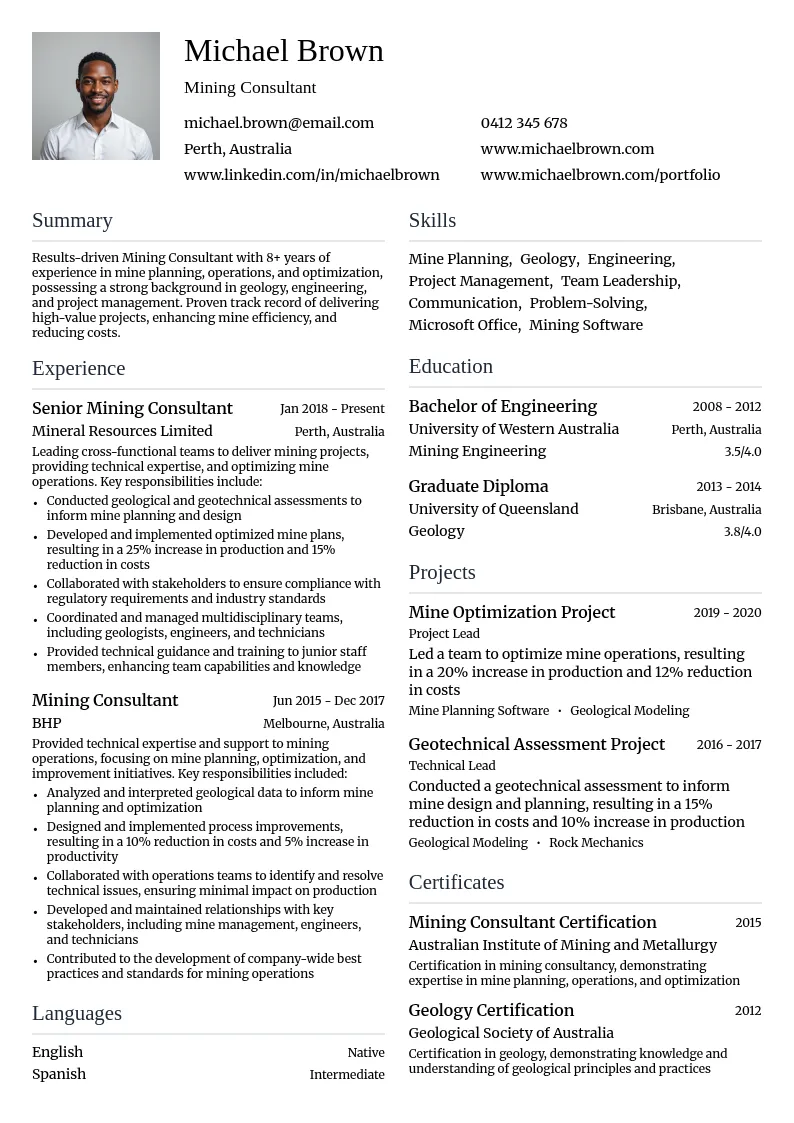 Mining Consultant resume example