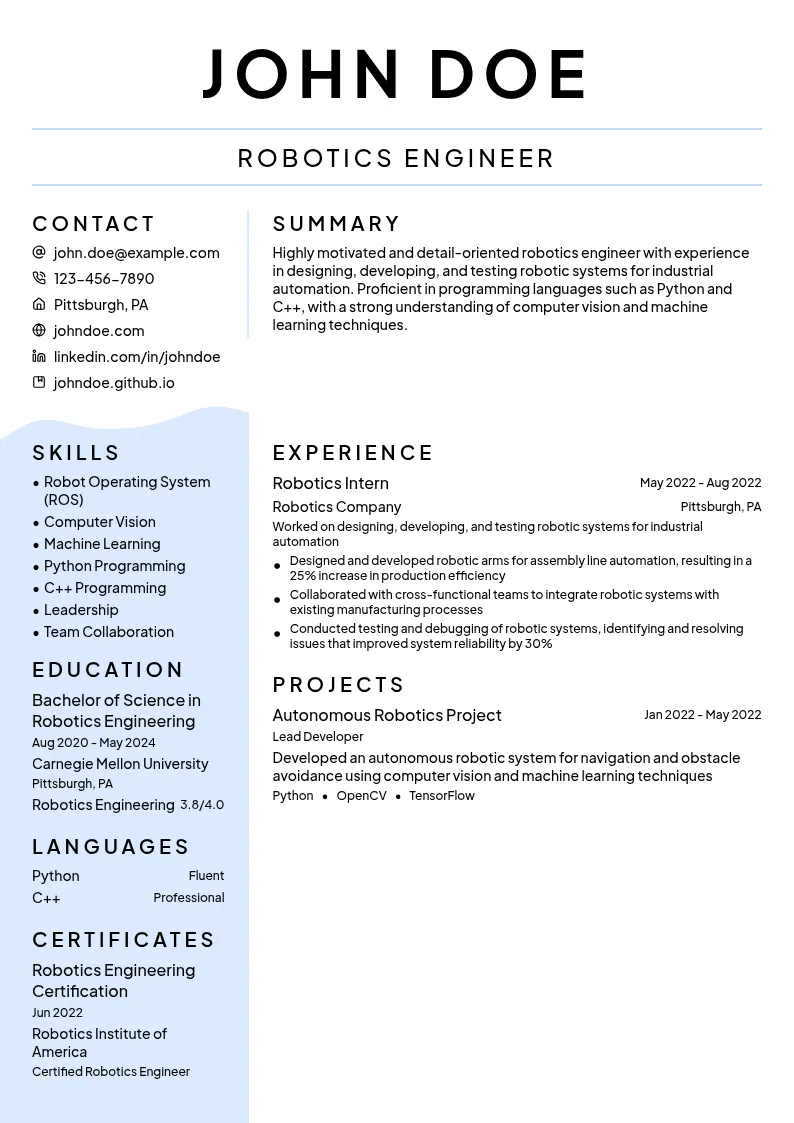 Robotics Intern resume example