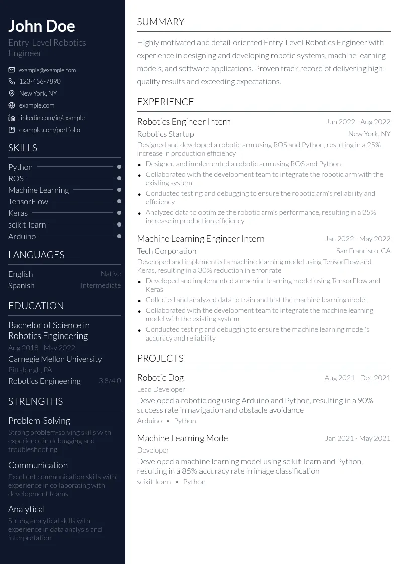 Entry-Level Robotics Engineer resume example