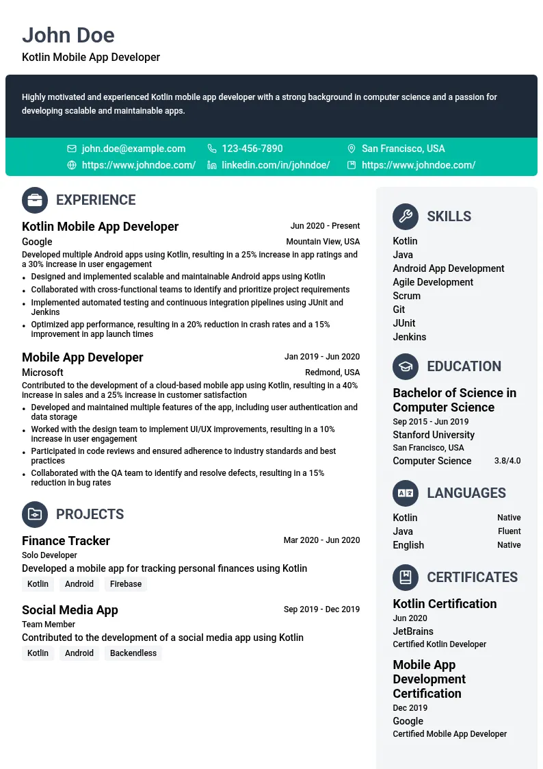 Kotlin Mobile App Development resume example