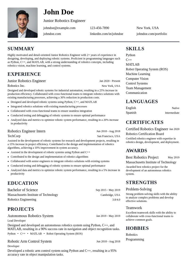 Junior Robotics Engineer resume example