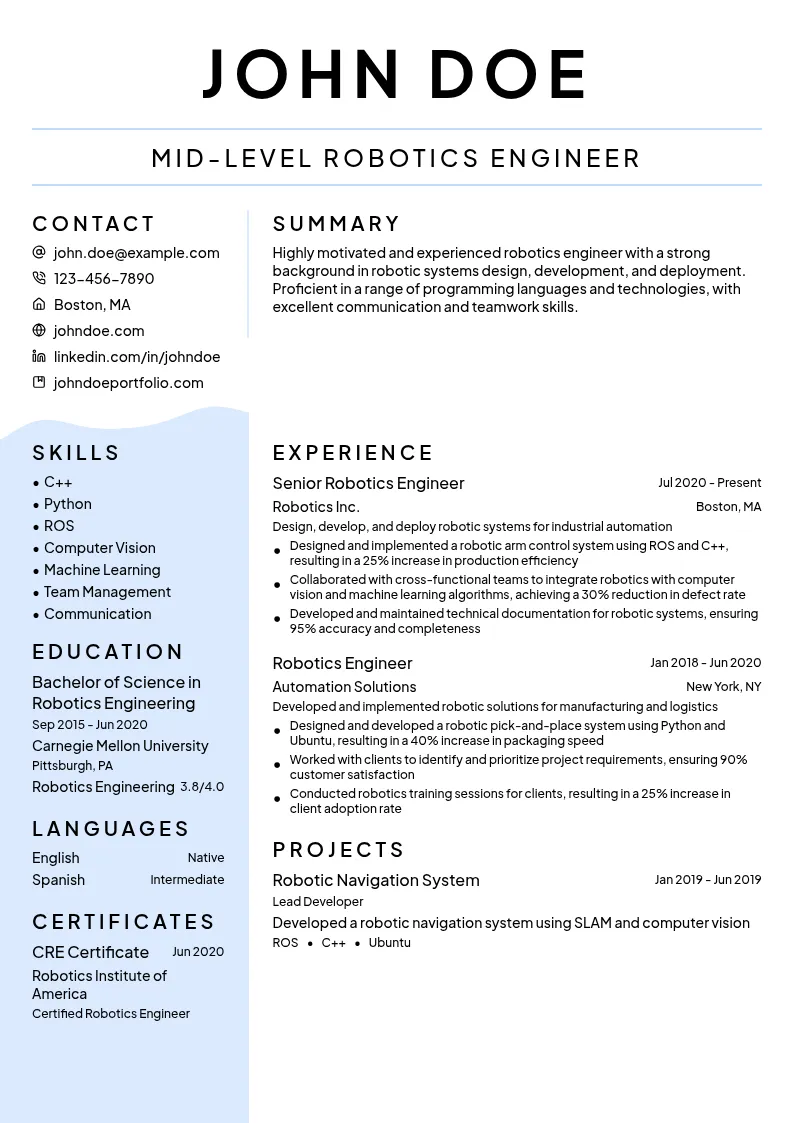 Mid-Level Robotics Engineer resume example
