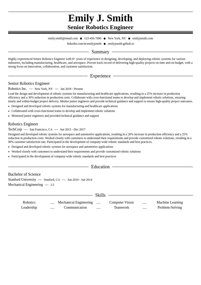 Senior Robotics Engineer resume example
