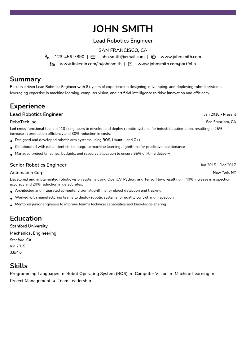 Lead Robotics Engineer resume example