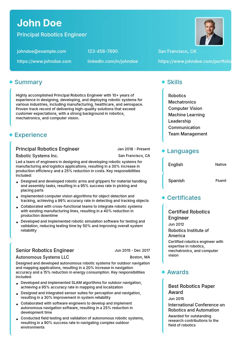 Principal Robotics Engineer resume example