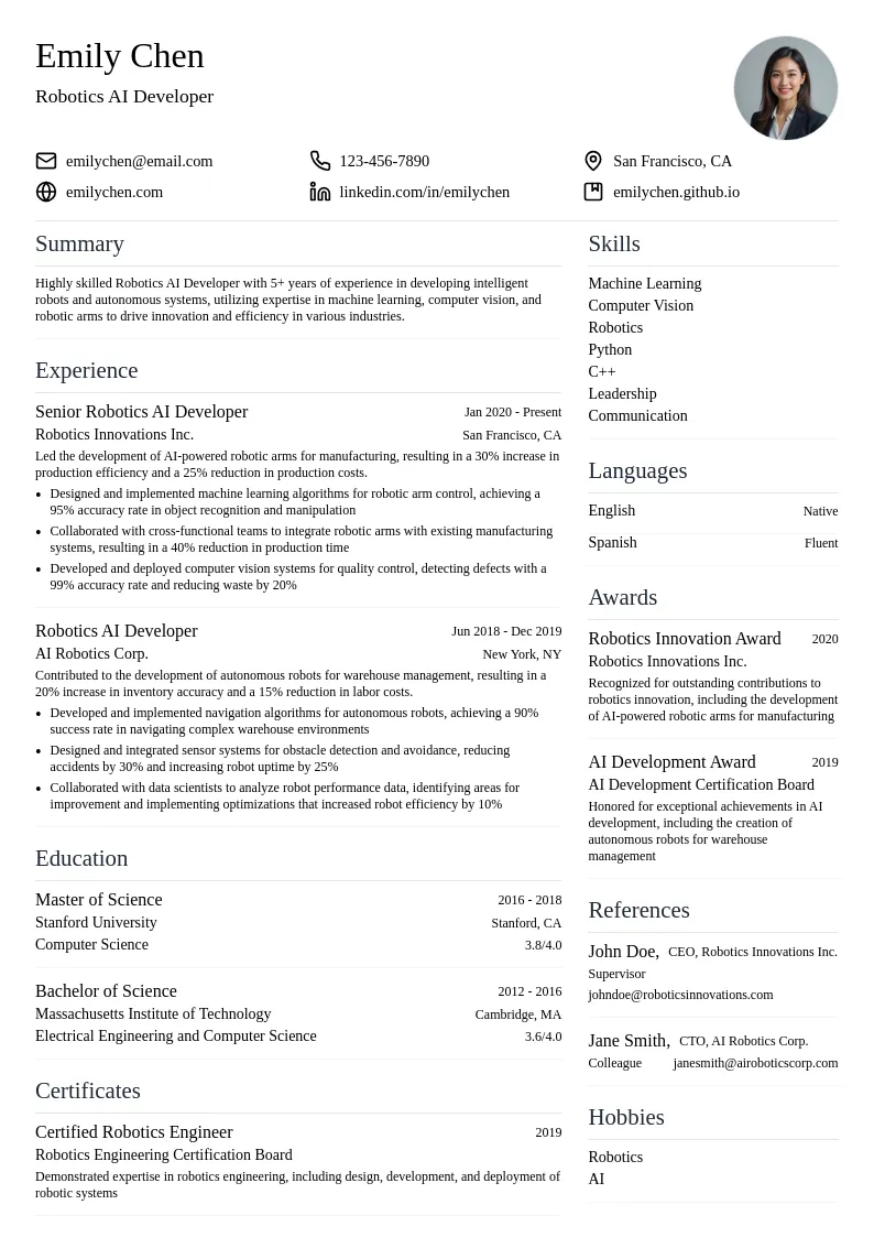 Robotics AI Developer resume example