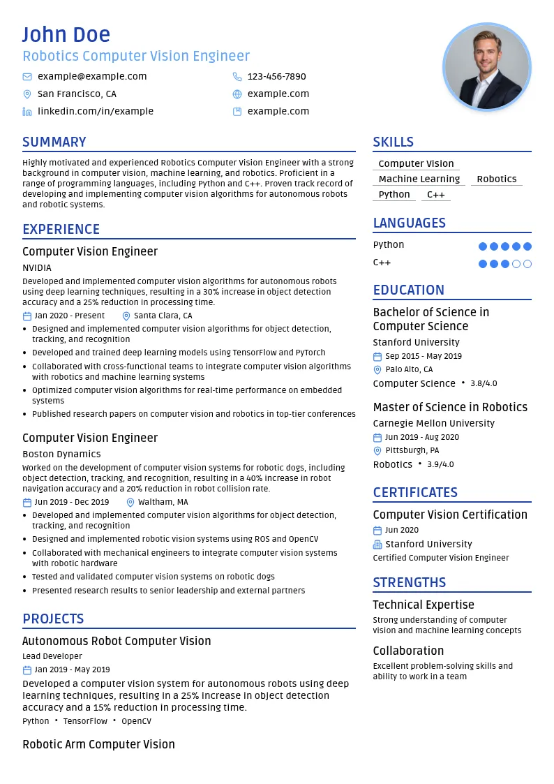 Robotics Computer Vision Engineer resume example