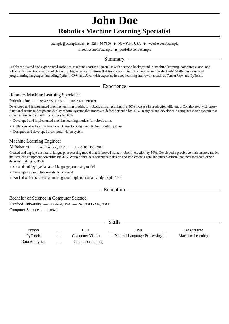 Robotics Machine Learning Specialist resume example