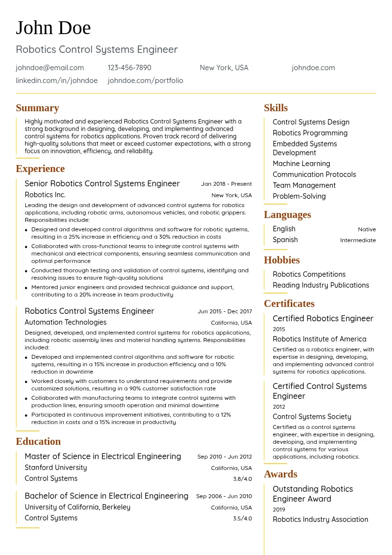 Robotics Control Systems Engineer resume example
