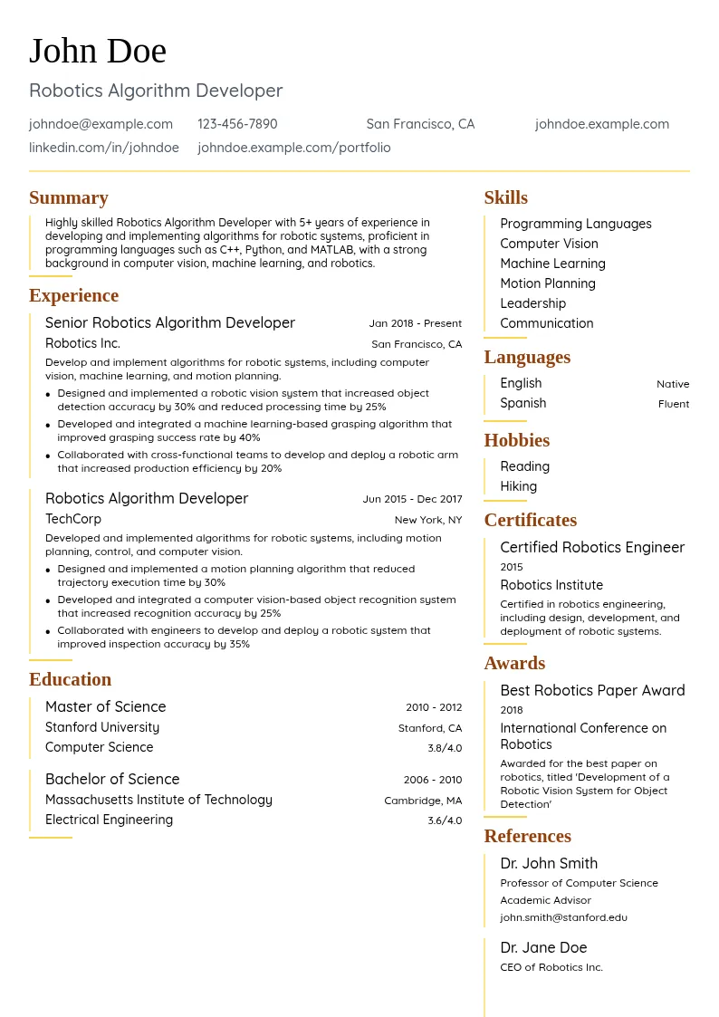 Robotics Algorithm Developer resume example