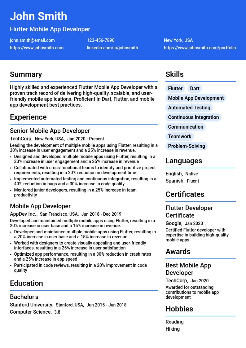 Flutter Mobile App Development resume example