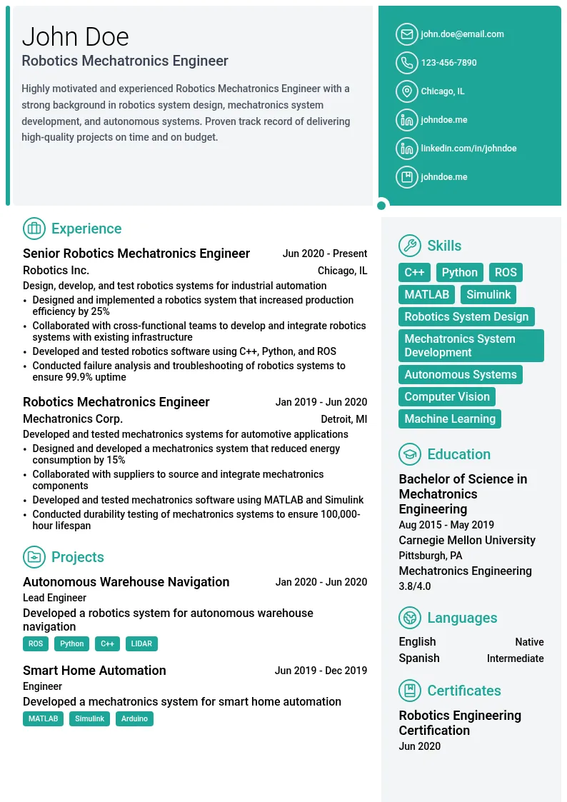 Robotics Mechatronics Engineer resume example