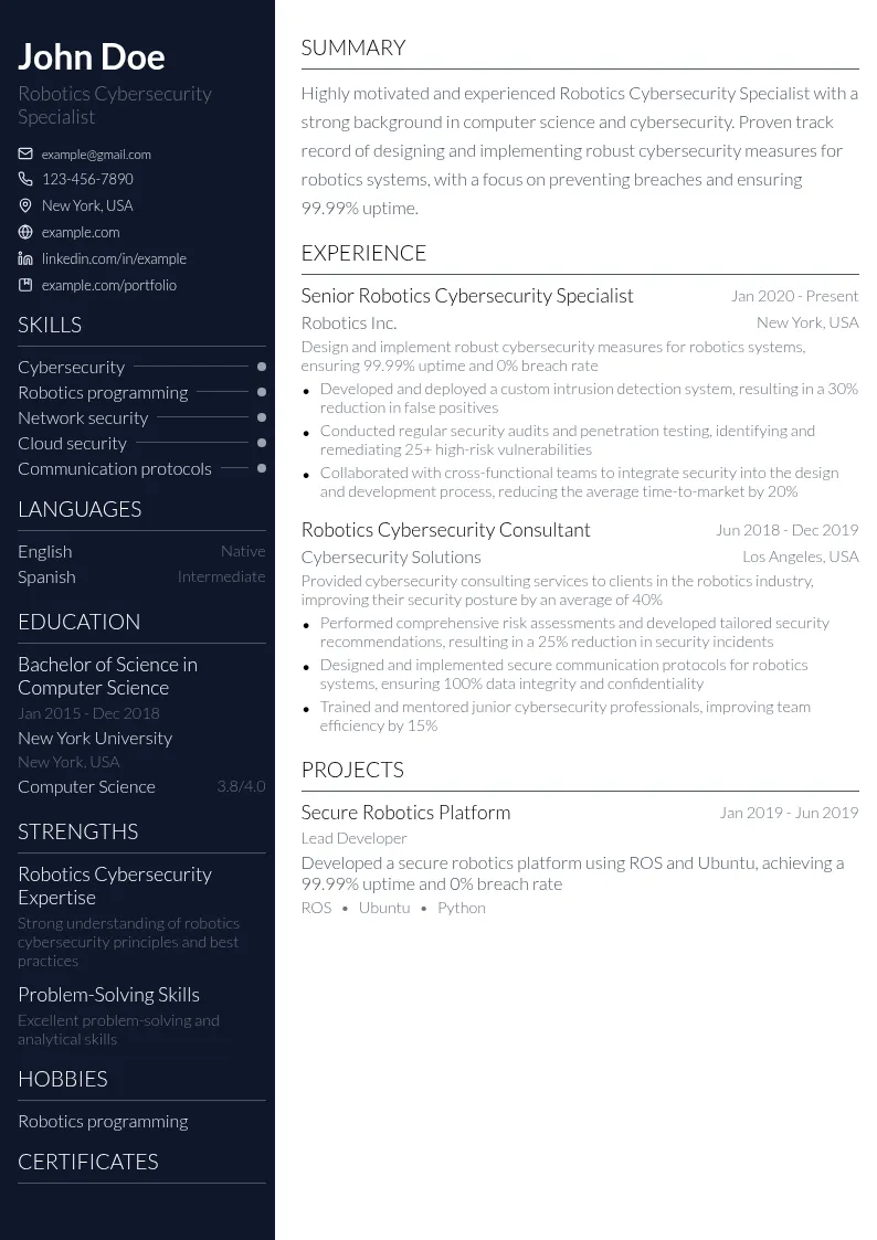 Robotics Cybersecurity Specialist resume example