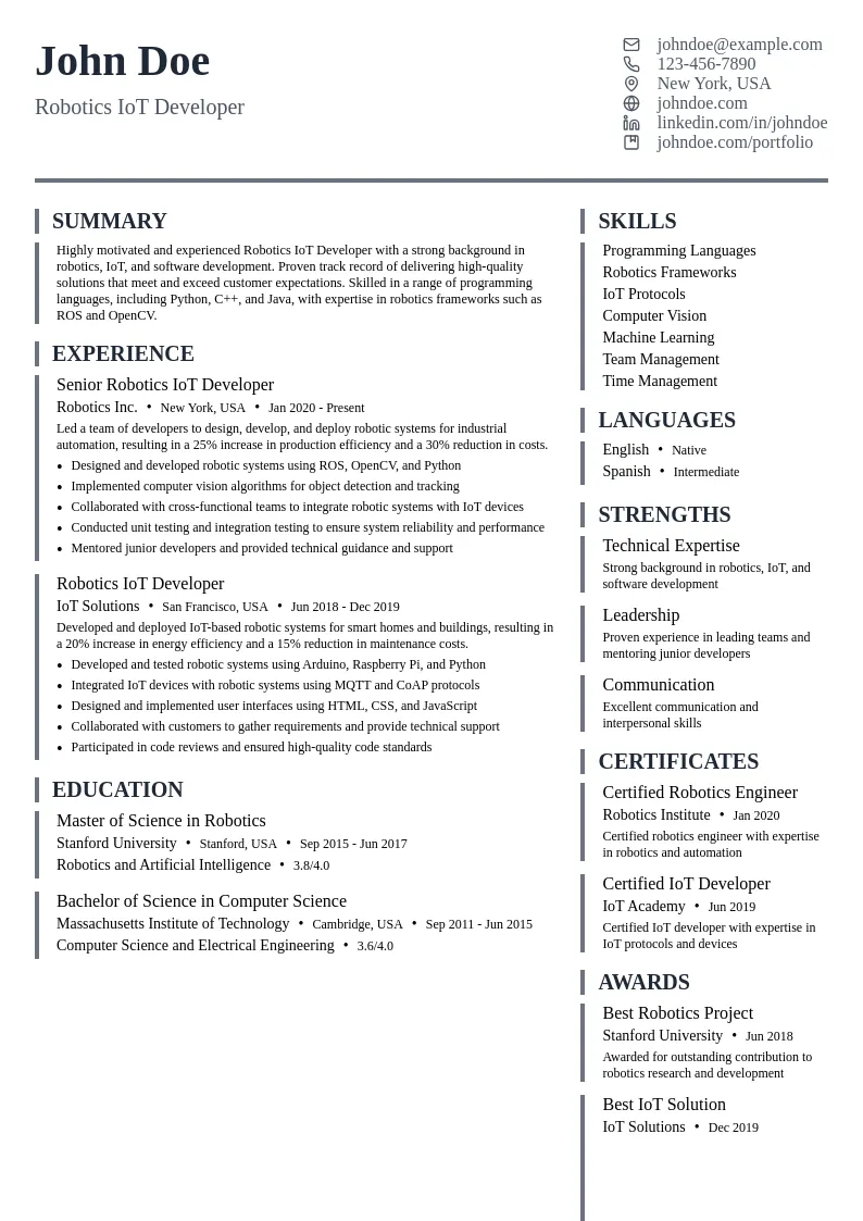 Robotics IoT Developer resume example