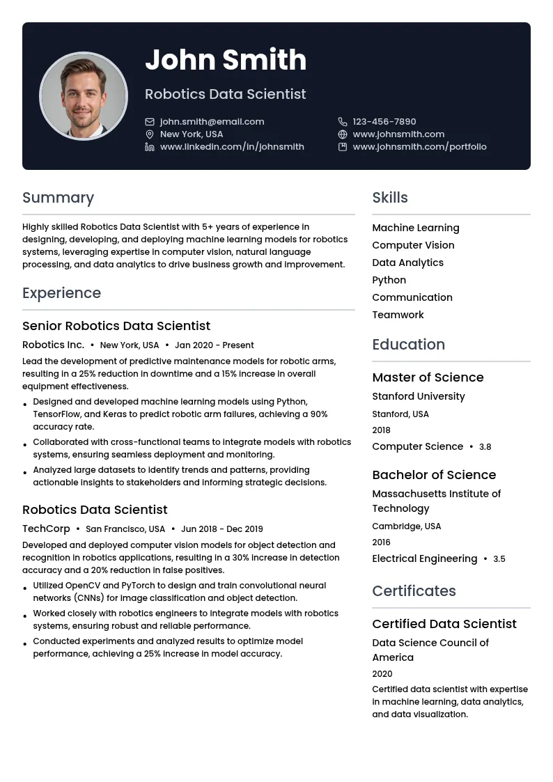 Robotics Data Scientist resume example