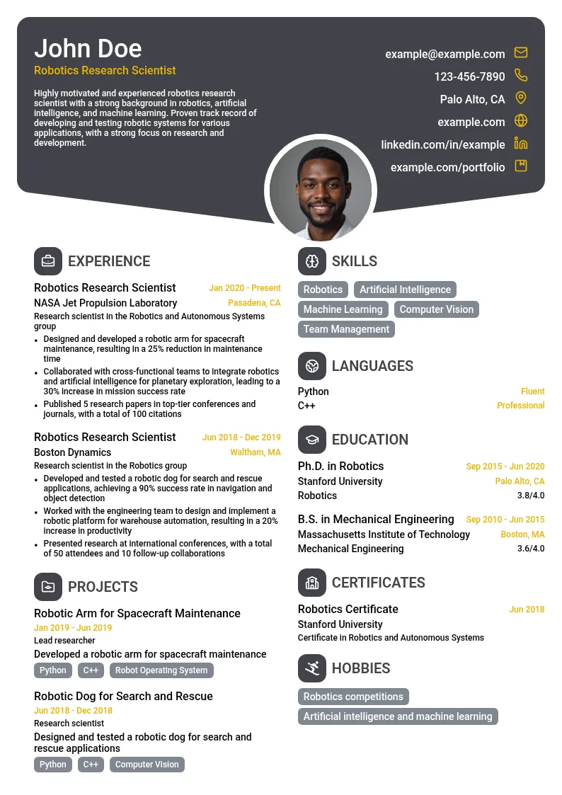 Robotics Research Scientist resume example