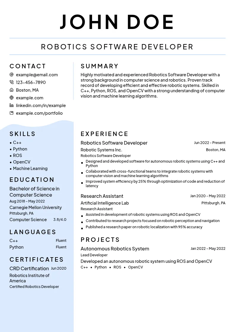 Robotics Software Developer resume example