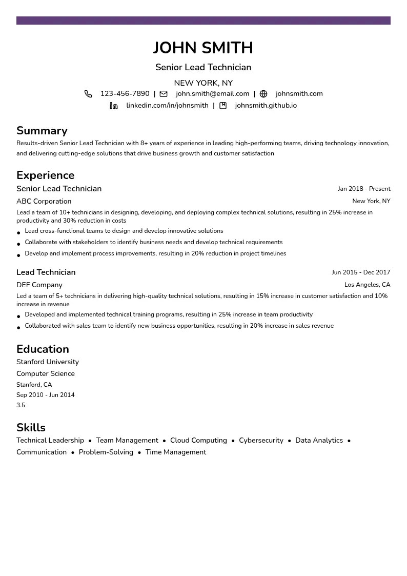Senior Lead Technician resume example
