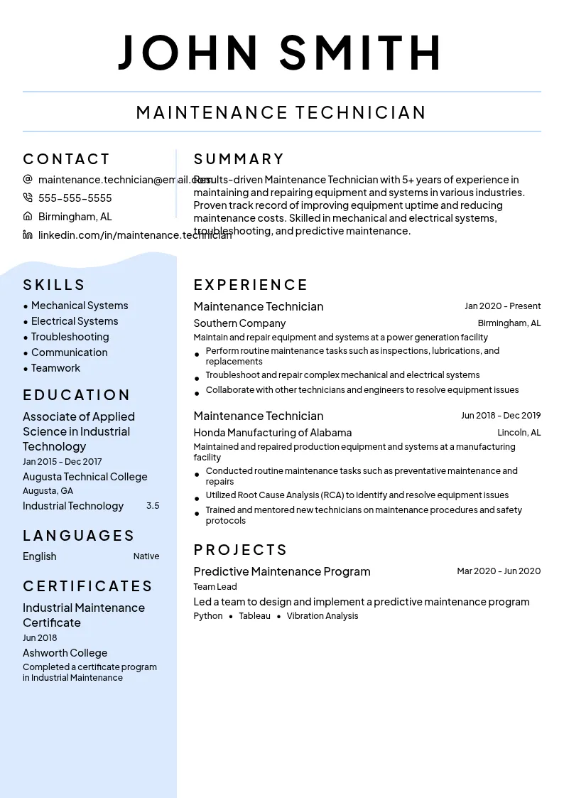 Maintenance Technician resume example