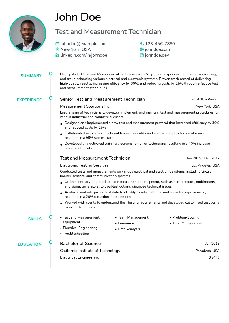 Test and Measurement Technician resume example