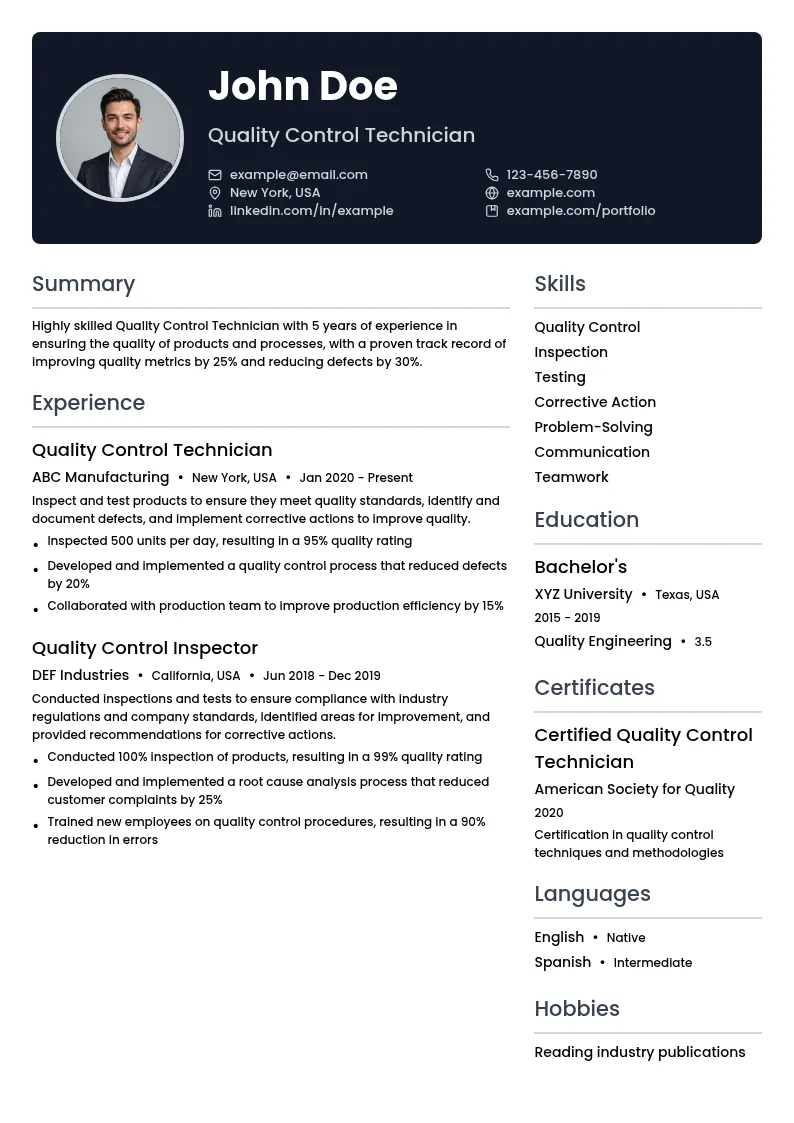 Quality Control Technician resume example