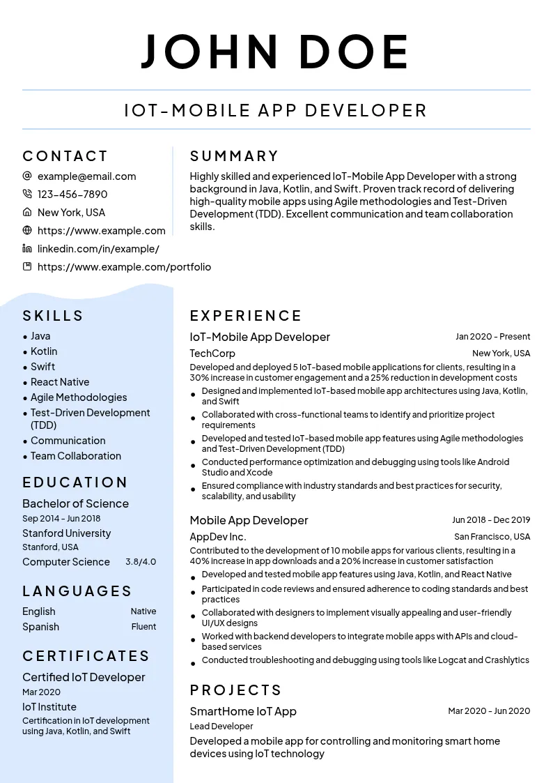 Internet of Things (IoT)-Mobile App Developer resume example