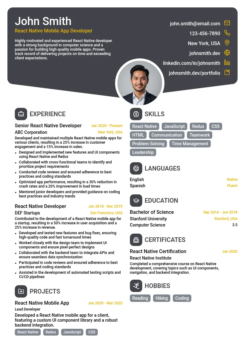React Native Mobile App Development resume example