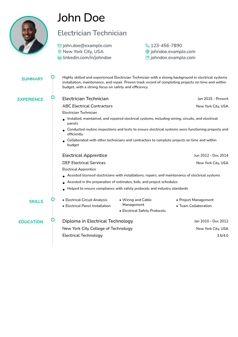 Electrician Technician resume example