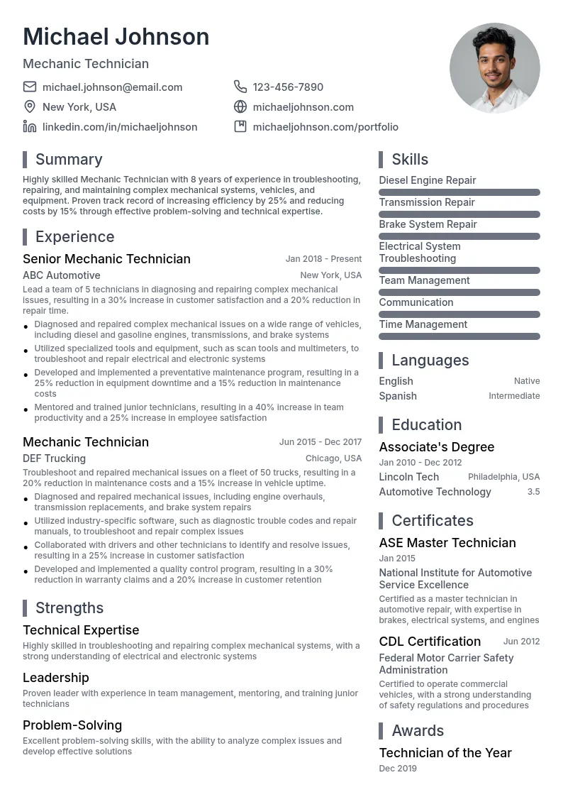 Mechanic Technician resume example