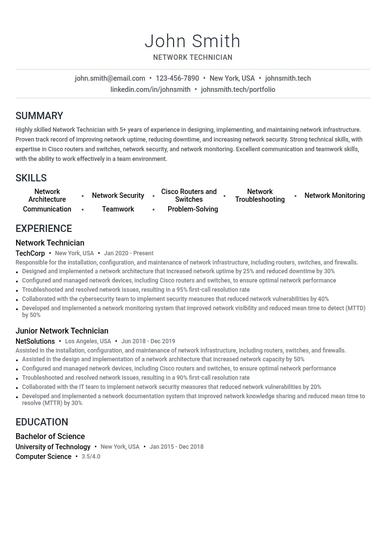 Network Technician resume example