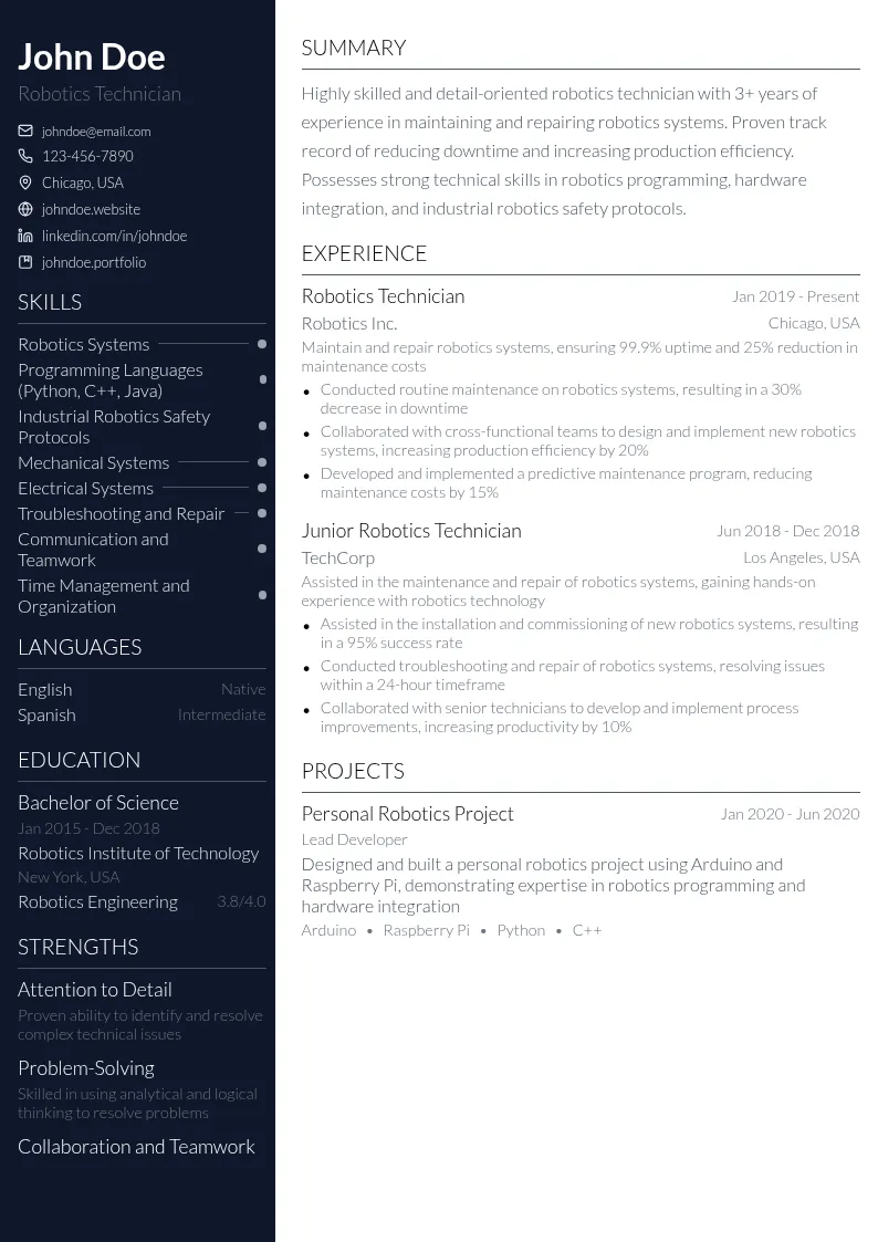 Robotics Technician resume example