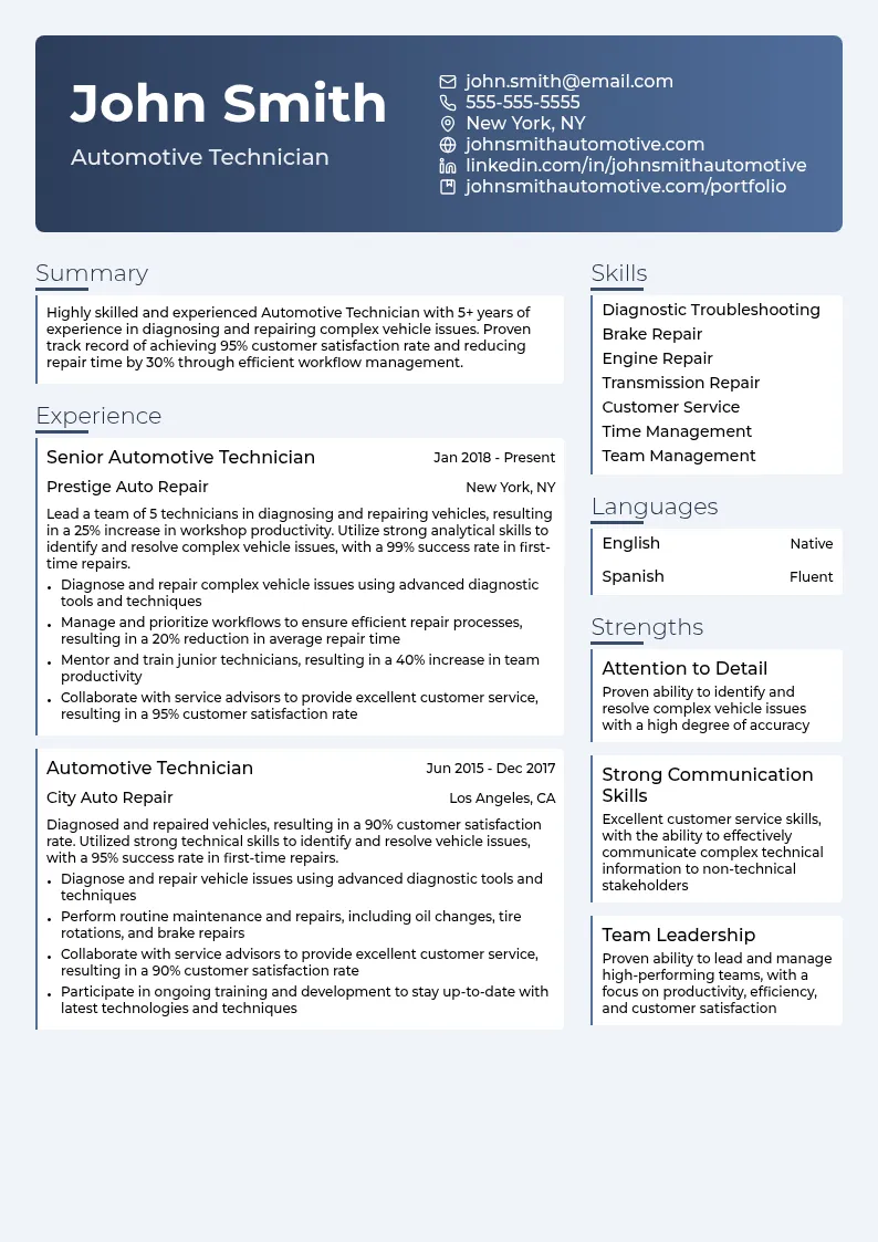 Automotive Technician resume example
