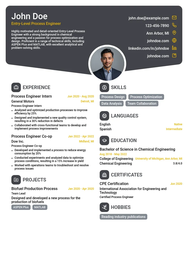 Entry-Level Process Engineer resume example