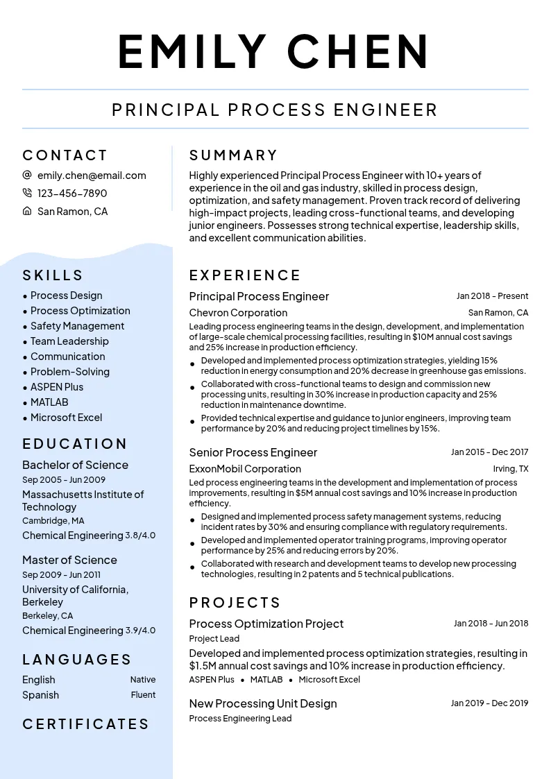 Principal Process Engineer resume example