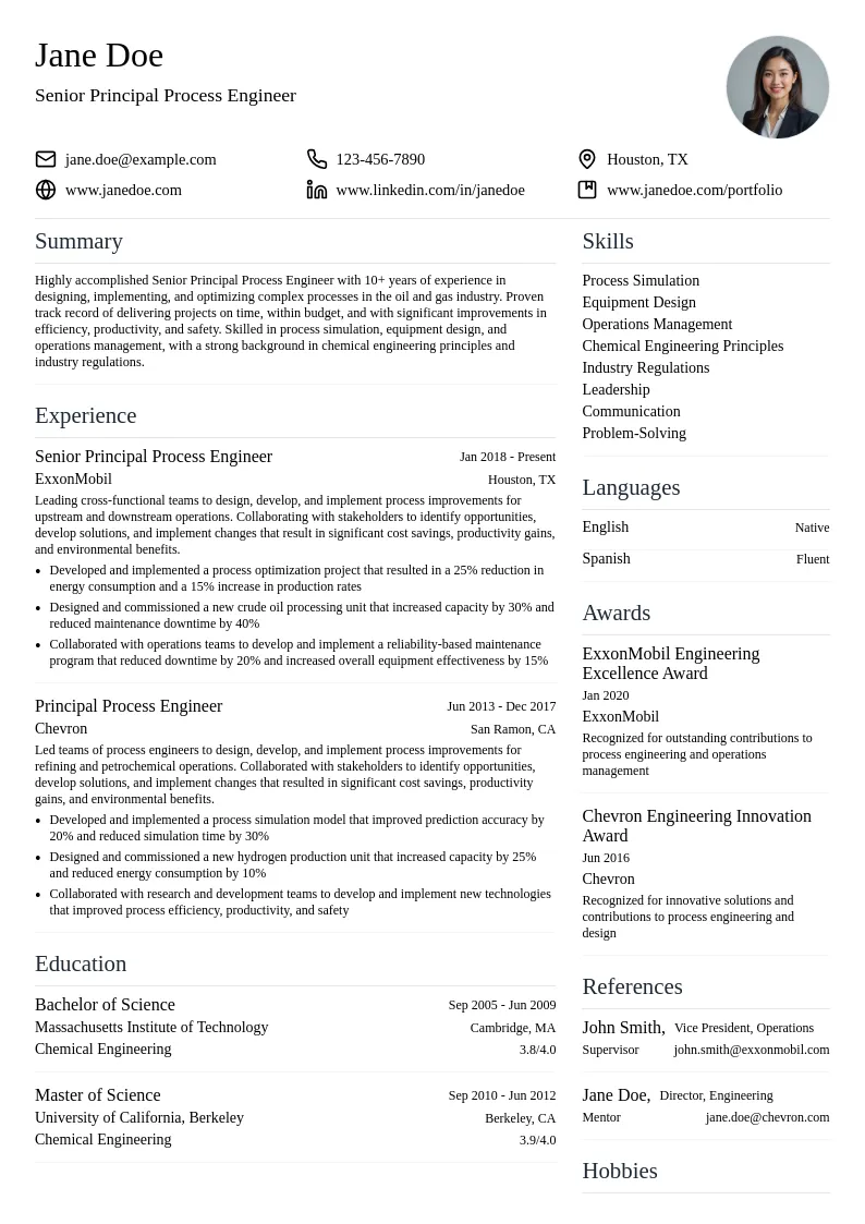 Senior Principal Process Engineer resume example