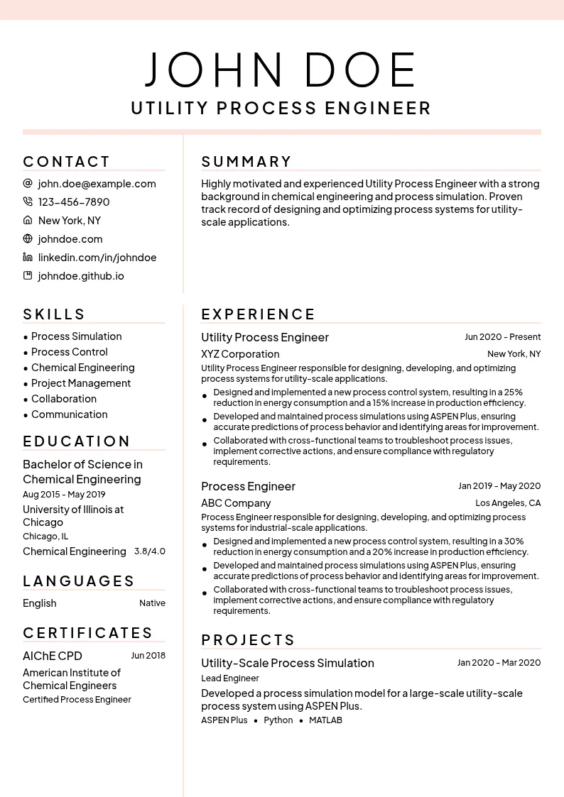 Utility Process Engineer resume example