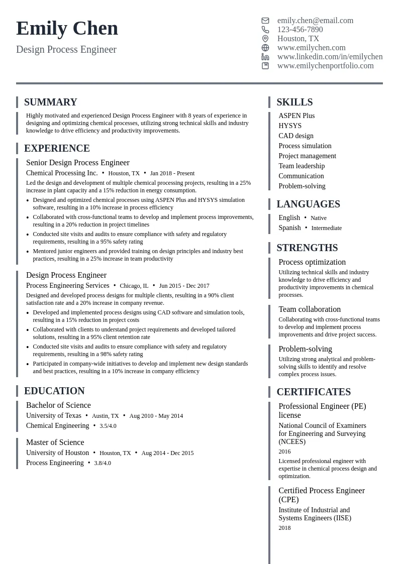 Design Process Engineer resume example